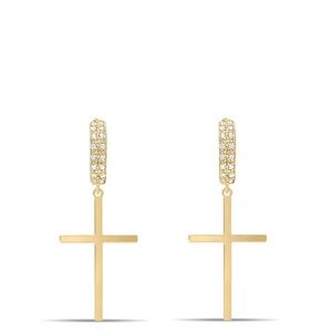 GOLD FILLED / STERLING SILVER CROSS HOOP , CUBIC ZIRCONIA HOOP EARRING